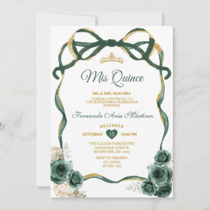 Emerald Grönt Blommigt Bow Ribbon Guld Mis Quince Inbjudningar