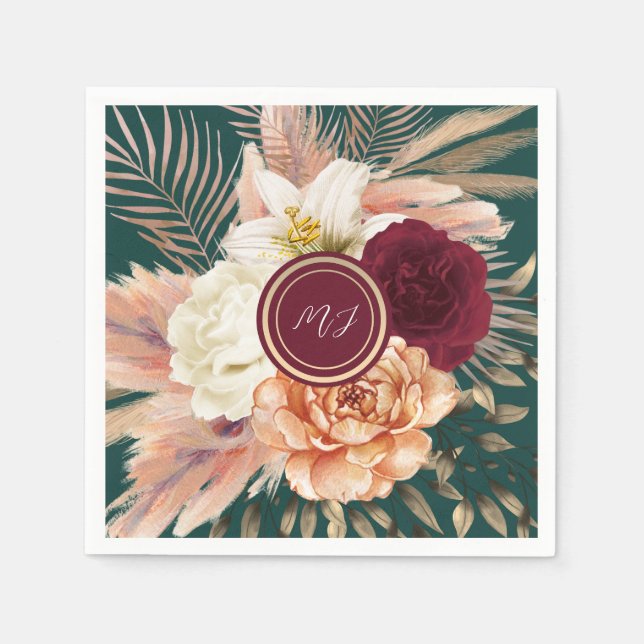 Emerald Grönt Blommigt Bröllop Pappersservett (Framsidan)