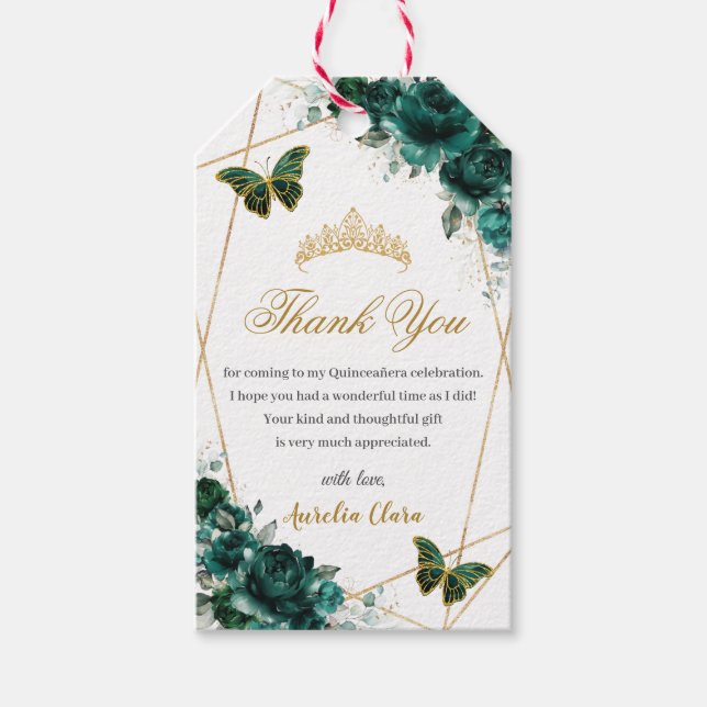 Emerald Grönt Blommigt Butterflies Quince Birthday Presentetikett (Framsidan)