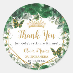 Emerald Grönt Blommigt Butterflies Quinceañera Fav Runt Klistermärke