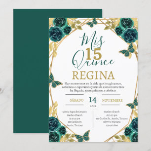 Emerald Grönt Blommigt Butterflies Quinceañera Inbjudningar