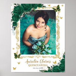 Emerald Grönt Blommigt Butterflies Quinceanera Pho Poster