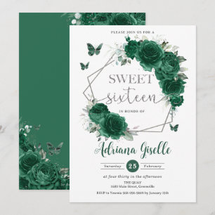 Emerald Grönt Blommigt Butterflies Sweet 16 Birthd Inbjudningar