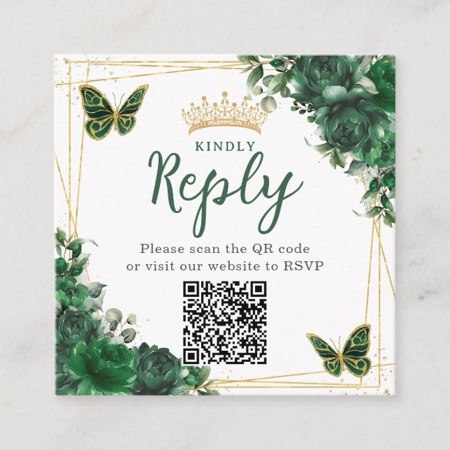 Emerald Grönt Blommigt Butterfly Quinceanera QR-ko Tilläggskort (Framsida)