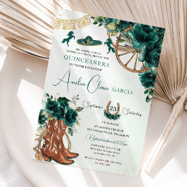 Emerald Grönt Blommigt Charro Cowgirl Quinceanera Inbjudningar