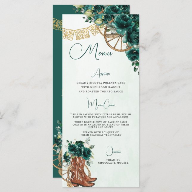 Emerald Grönt Blommigt Charro Quinceañera XV Menu Program (Fram/baksida)