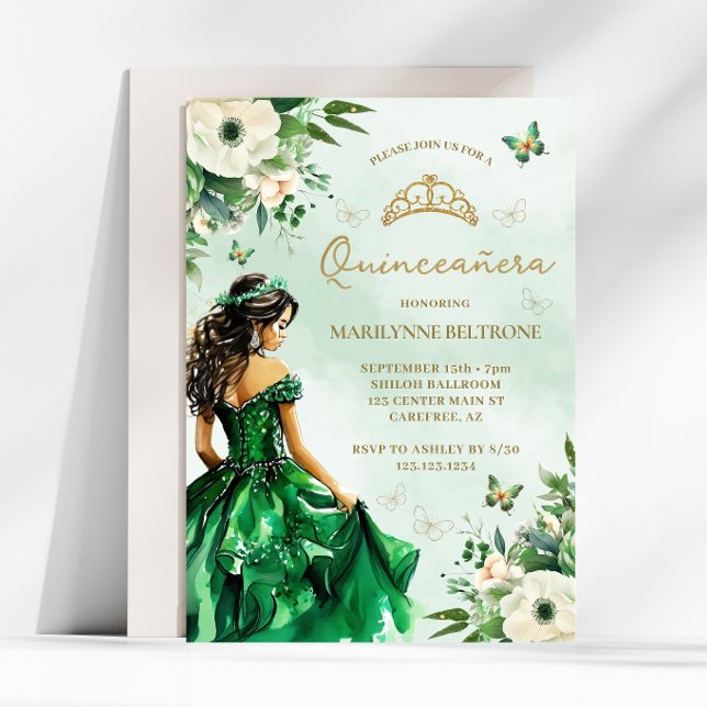 Emerald Grönt Blommigt Dress Butterfly Quinceañera Inbjudningar (Skapare uppladdad)