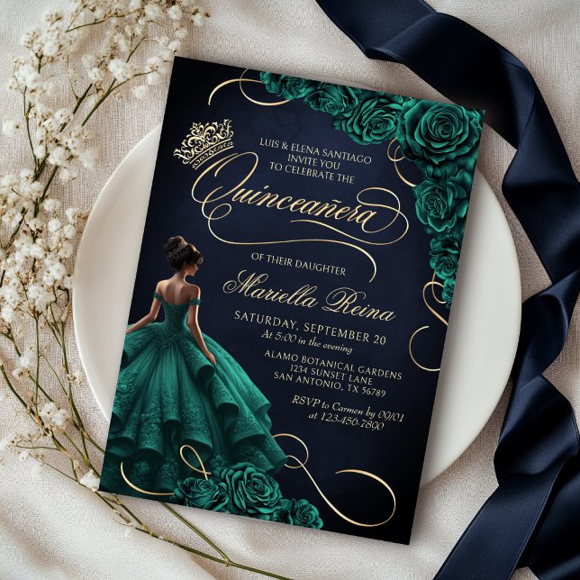 Emerald Grönt Blommigt Dress Quinceañera Inbjudningar (Skapare uppladdad)