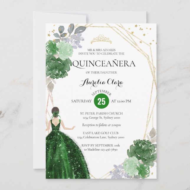 Emerald Grönt Blommigt Geometric Photo Quinceañera Inbjudningar (Framsida)