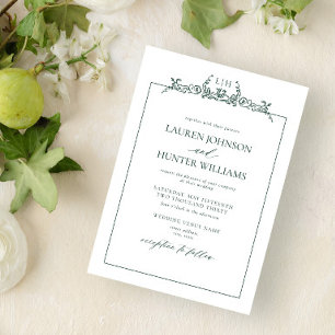 Emerald Grönt Blommigt Gräns Monogram Bröllop Inbjudningar