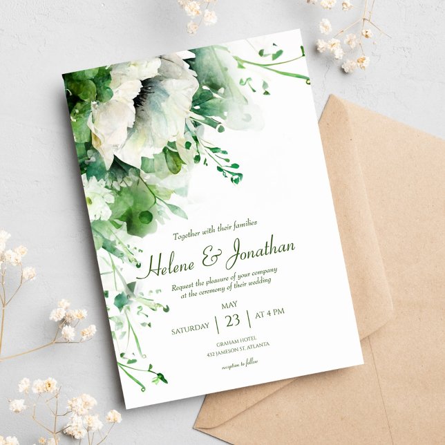 Emerald Grönt Blommigt Greenery Bröllop Inbjudningar (Emerald Green Floral Greenery Wedding Invitation)