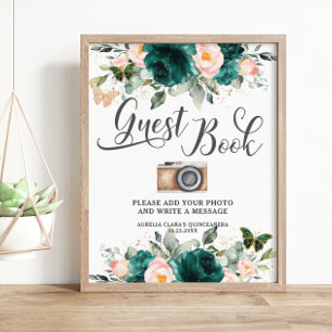 Emerald Grönt Blommigt Guest Bok Photo Sign Poster