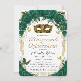 Emerald Grönt Blommigt Guld Masquerad Quinceañera Inbjudningar