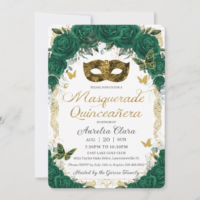 Emerald Grönt Blommigt Guld Masquerad Quinceañera Inbjudningar (Framsida)