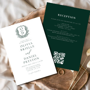 Emerald Grönt Blommigt Monogram Bröllop QR-kod Inbjudningar