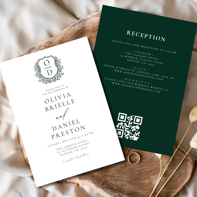 Emerald Grönt Blommigt Monogram Bröllop QR-kod Inbjudningar (Skapare uppladdad)
