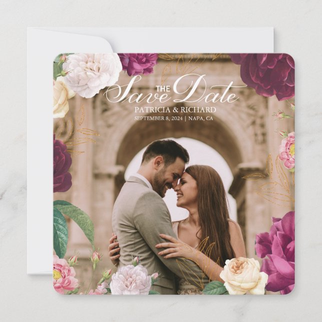 Emerald Grönt Blommigt Photo Bröllop spara datum Inbjudningar (Framsida)