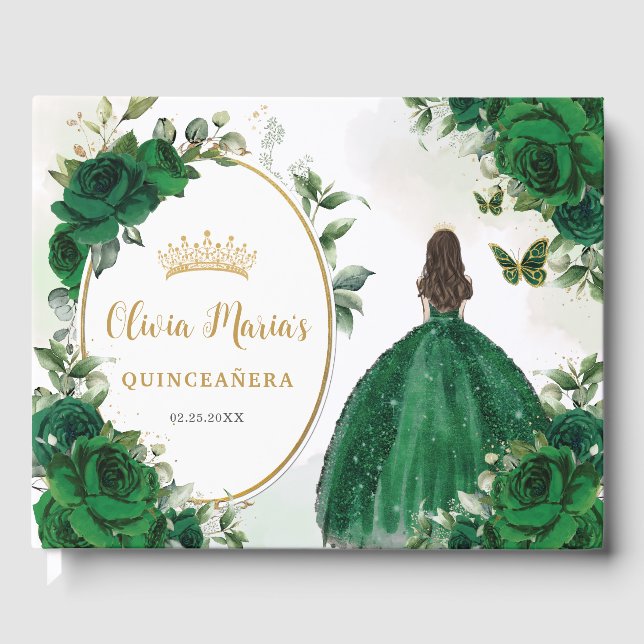 Emerald Grönt Blommigt Princess Dress Quinceanera Gästböcker (Framsida)