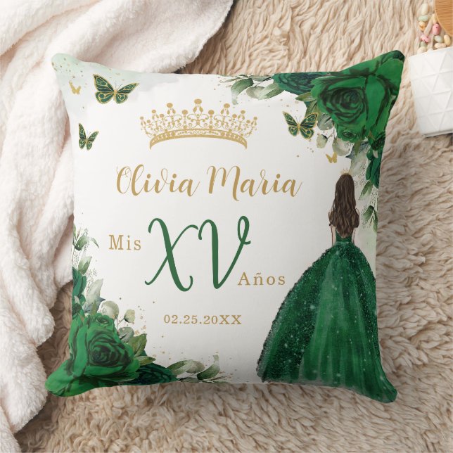 Emerald Grönt Blommigt Princess Dress Quinceañera Kudde (Filt)