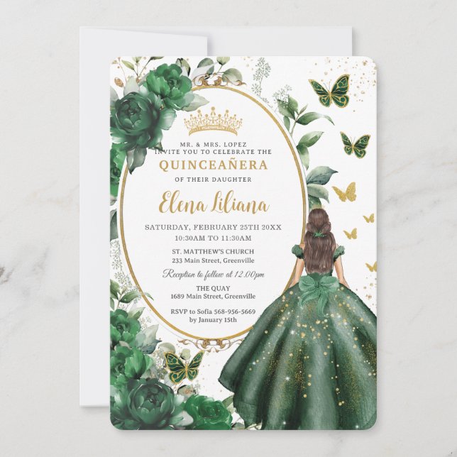 Emerald Grönt Blommigt Princess Gown Quinceañera Inbjudningar (Framsida)