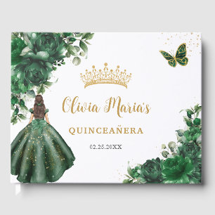 Emerald Grönt Blommigt Princess Guld Quinceanera Gästböcker