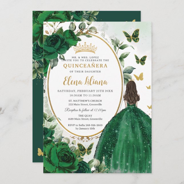 Emerald Grönt Blommigt Princess Guld Quinceañera Inbjudningar (Fram/baksida)