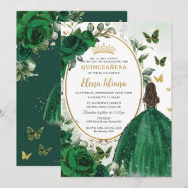 Emerald Grönt Blommigt Princess Guld Quinceañera Inbjudningar