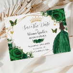 Emerald Grönt Blommigt Princess Guld Quinceañera Spara Datumet<br><div class="desc">Anpassa den här söten till gröntens guld Quinceañera/Söt 16-årsdag, spara blommigt enkelt och snabbt. Klicka bara på knappen Anpassa den ytterligare för att redigera texterna, ändra typsnitt och typsnitt färg. Med en flicka utklädd i ett vackert glitter framträder grönt boll, vibrant emerald grönt ro, fjärilar och elegant guld inslag. Matchande...</div>