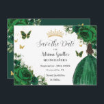 Emerald Grönt Blommigt Princess Guld Quinceañera Spara Datumet<br><div class="desc">Anpassa den här söten till grönt-blommigten Quinceañera/Sweet 16-årsdagen spara datumet enkelt och snabbt. Klicka bara på knappen Anpassa den ytterligare för att redigera texterna, ändra typsnitt och typsnitt färg. Med en flicka utklädd i ett vackert glitter framträder grönt boll, vibrant emerald grönt ro, fjärilar och guld inslag. Matchande artiklar tillgängliga...</div>