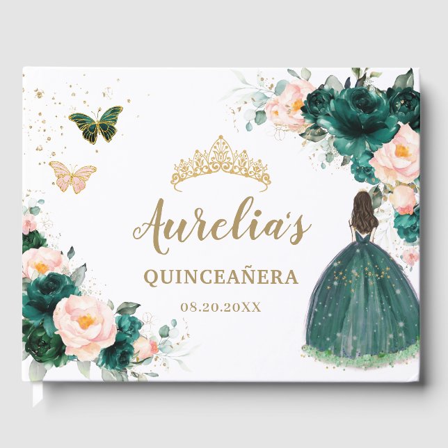 Emerald Grönt  Blommigt Princess Quinceañera Gästböcker (Framsida)
