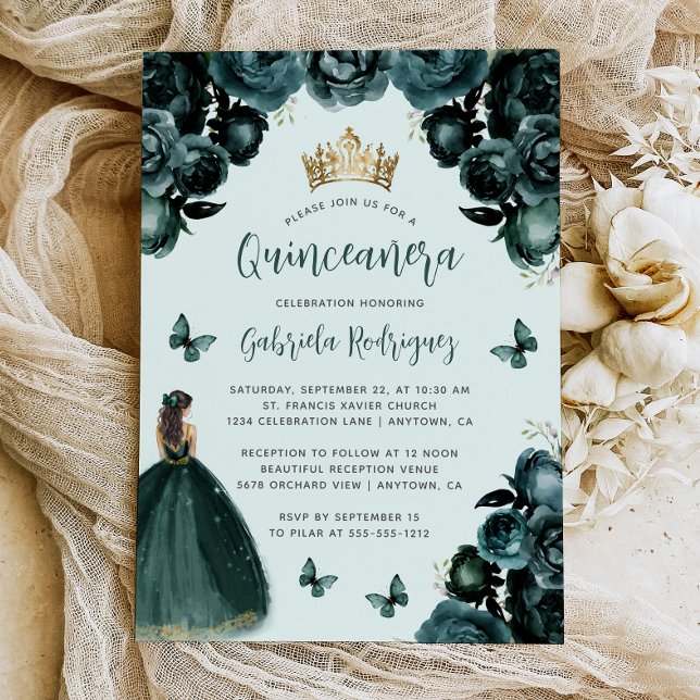 Emerald Grönt Blommigt Princess Quinceañera Inbjudningar (Skapare uppladdad)