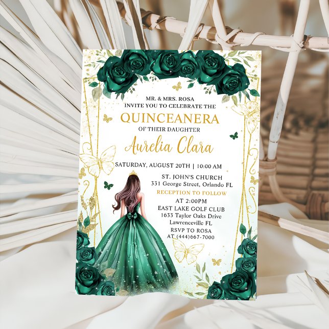Emerald Grönt Blommigt Princess Quinceañera Inbjudningar (Skapare uppladdad)