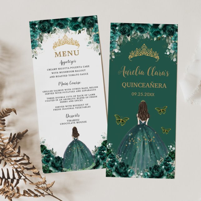 Emerald Grönt Blommigt Princess Quinceañera Menu Program (Skapare uppladdad)