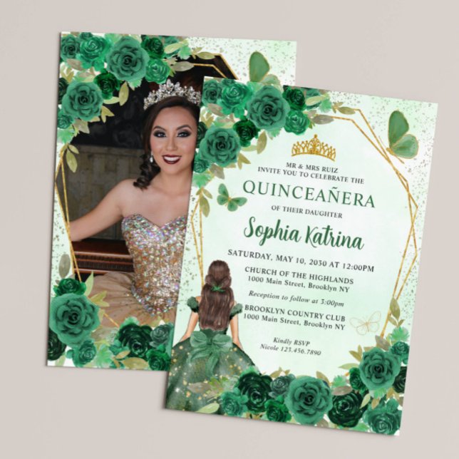Emerald Grönt Blommigt Princess Quinceañera Photo Inbjudningar (Skapare uppladdad)