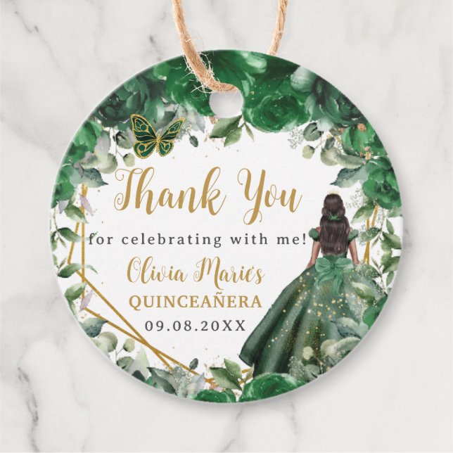 Emerald Grönt Blommigt Princess Quinceañera Sweet  Gåvor Etiketter (Framsida)