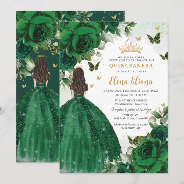 Emerald Grönt Blommigt Princess Quinceañera Sweet  Inbjudningar (Fram/baksida)