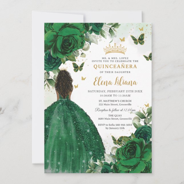 Emerald Grönt Blommigt Princess Quinceañera Sweet  Inbjudningar (Framsida)