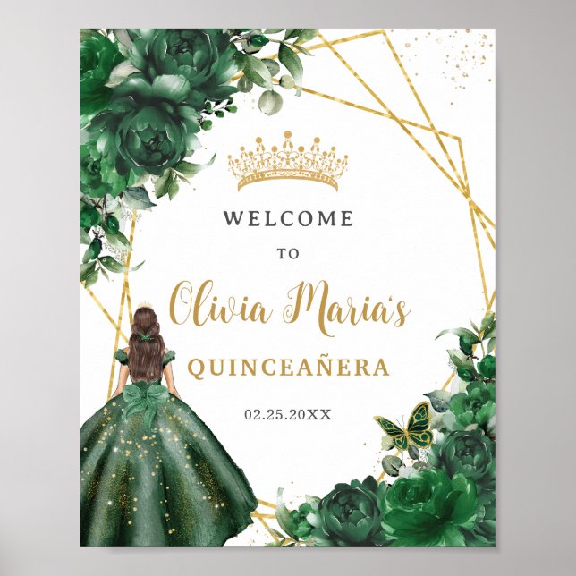 Emerald Grönt Blommigt Princess Quinceañera Välkom Poster (Framsidan)