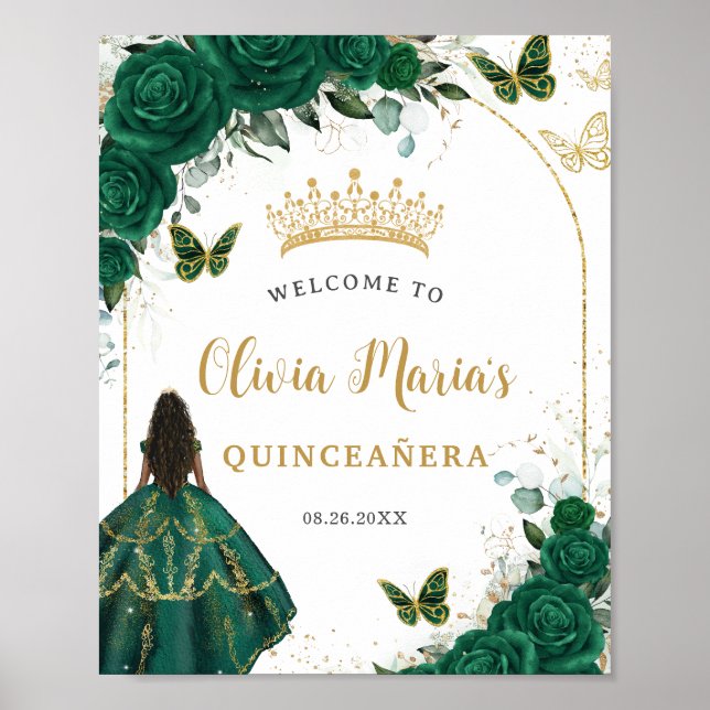 Emerald Grönt Blommigt Princess Quinceañera Välkom Poster (Framsidan)