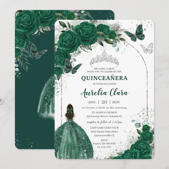 Emerald Grönt Blommigt Princess Silver Quinceañera Inbjudningar (Fram/baksida)