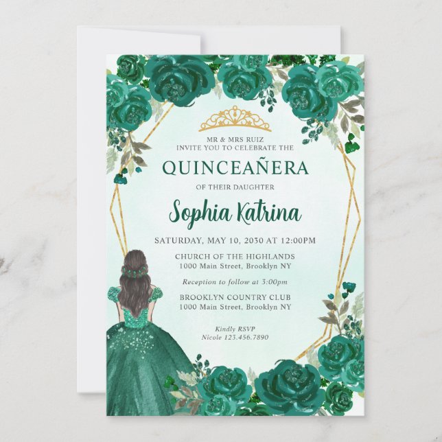 Emerald Grönt Blommigt Princess Tiara Quinceañera  Inbjudningar (Framsida)