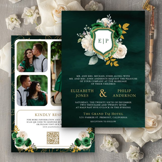 Emerald Grönt Blommigt QR-kod Foto Vapensköld Bröl Inbjudningar (Skapare uppladdad)