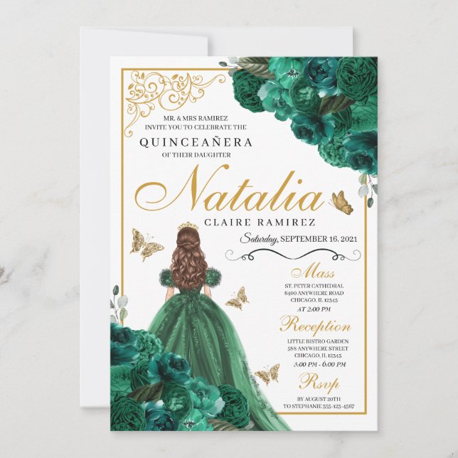 Emerald Grönt Blommigt Quinceanera Birthday Inbjudningar (Framsida)