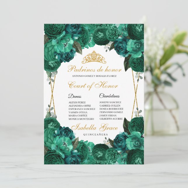 Emerald Grönt Blommigt Quinceanera Court of Honor Inbjudningar (Stående Fram)