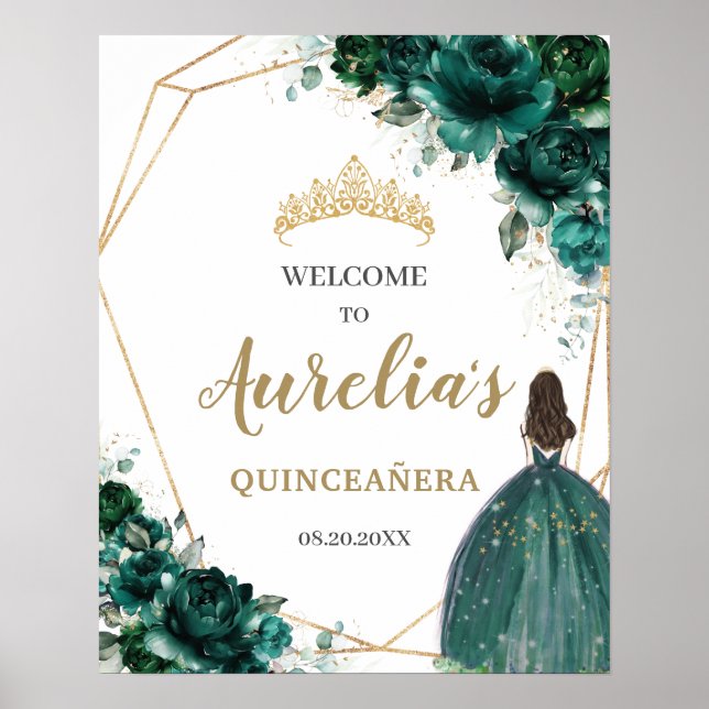 Emerald Grönt Blommigt Quinceañera Geometric Welco Poster (Framsidan)