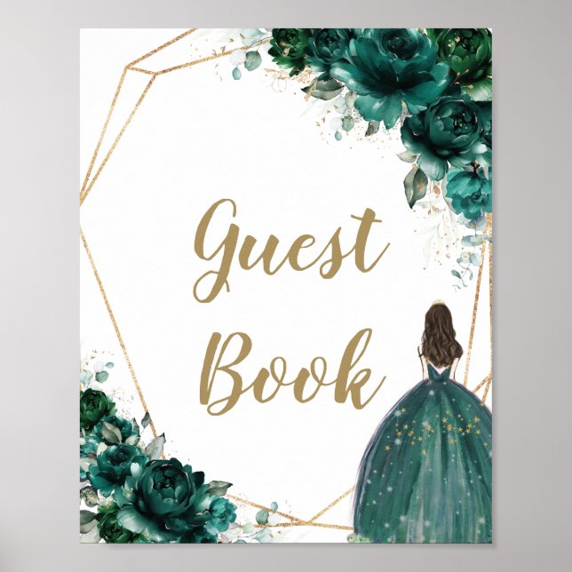 Emerald Grönt Blommigt Quinceañera Guest Bok Sign Poster (Framsidan)