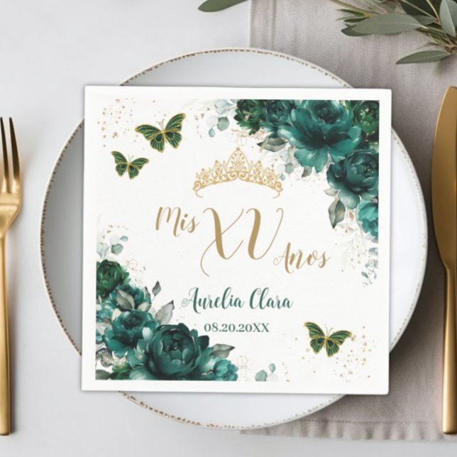Emerald Grönt Blommigt Quinceanera Guld Butterflie Pappersservett (Skapare uppladdad)