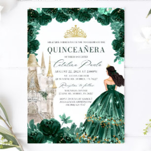 Emerald Grönt Blommigt Quinceanera-inbjudan Castle Inbjudningar