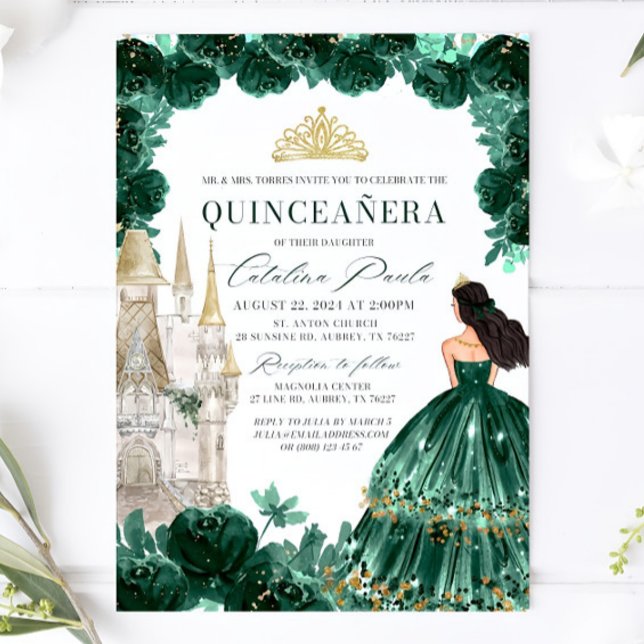 Emerald Grönt Blommigt Quinceanera-inbjudan Castle Inbjudningar (Skapare uppladdad)