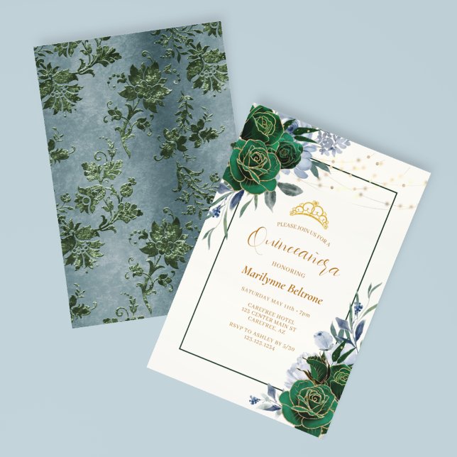 Emerald Grönt Blommigt Quinceañera Inbjudningar (Skapare uppladdad)